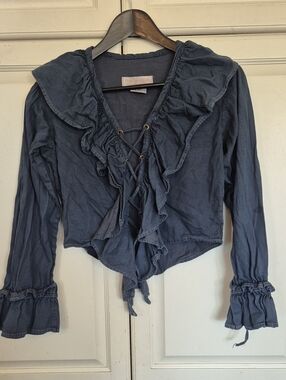 Lace-Up Ruffle Front Navy Women's Blouse
